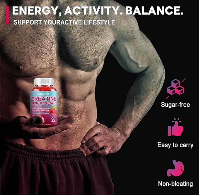 Creatine Monohydrate 8000mg Gummies with BCAA, L-Carnitine, Taurine & Vitamin B12 - Pre Workout Supplement for Muscle Growth, Strength & Energy - Raspberry Flavor Gummies, 180 Count for Men & Women