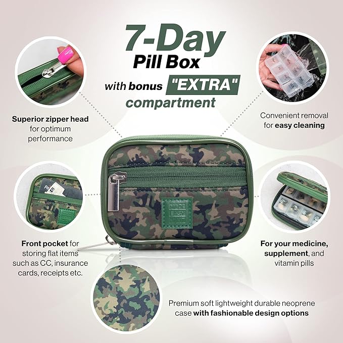 Made Easy Kit Pill Case - Weekly Medicine Organizer with Removable Seven-Day Vitamin & Supplement Box (Camo Dark Green)