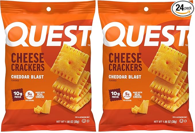 Quest Nutrition Cheese Crackers,Cheddar Blast,10g Protein,5g Net Carbs,1g Sugar,Made with Real Cheese,High Protein Snack, (1.06 oz Bags),(Pack of 24)