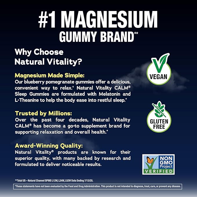 Natural Vitality SLEEP Gummies, Magnesium Supplement With Melatonin and L-Theanine, Vegan, Gluten Free, Helps the Body Ease Into Sleep, Blueberry Pomegranate 120 Count