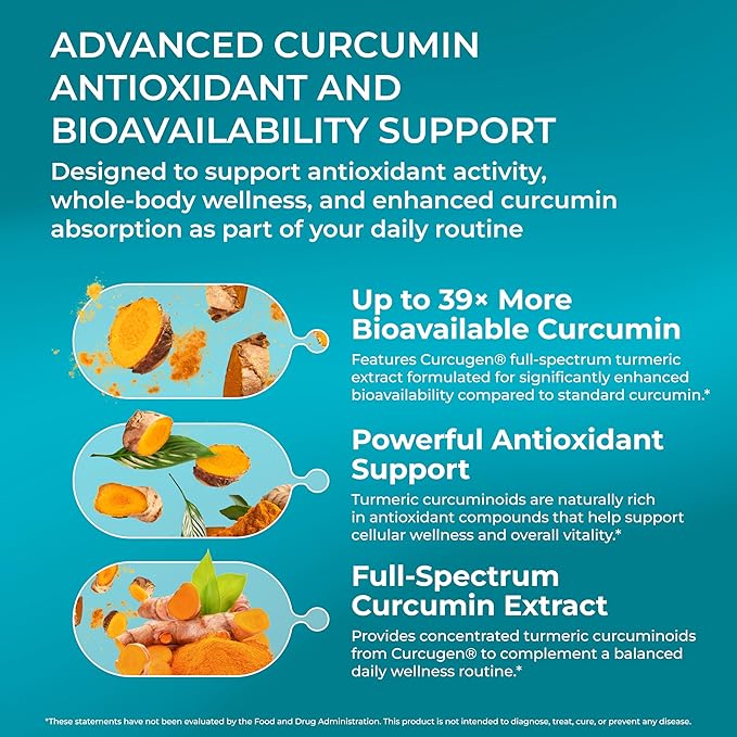PUREHEALTH RESEARCH Curcumin Extract - High Absorption Turmeric Supplement for Immune, Joint & Muscle Support - for Heart & Brain Health - Powered by Curcugen x39 Bioavailable - 30 Capsules