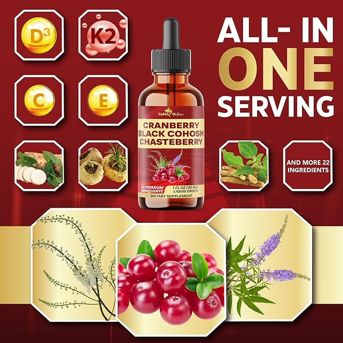 23in1 Cranberry Liquid Drops with, Vitamin D3, K2, C, E, Cranberry, Black Cohosh, Chasteberry, Wild Yam, D-Mannose, Probiotics, Maca & More to support health, Immunity - 30 Days Supply - 1FL Oz