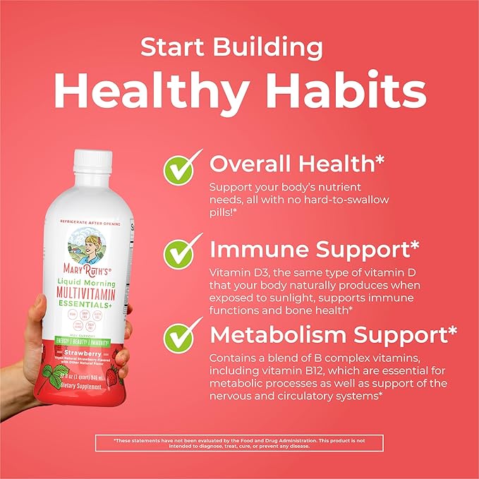 MaryRuth's Liquid Morning Multivitamin Essentials+ | Vitamin A C D E B6 B12 K2 Biotin Zinc | Mens Womens Multivitamin | Immune Support | Beauty | Sugar Free | Vitamins for Ages 1+ | Vegan | 32 Fl Oz