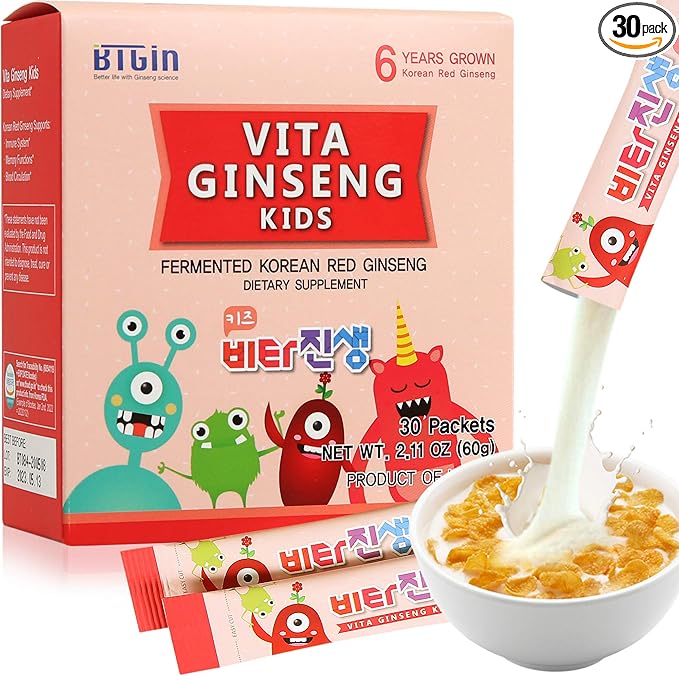 Vita Ginseng Kids, Vitamin D, Zinc, 7 Berries, Banana, 20 Vegetables, Milk Powder for Immune Support, Focus and Memory Boost, 30 Packets (1Set)