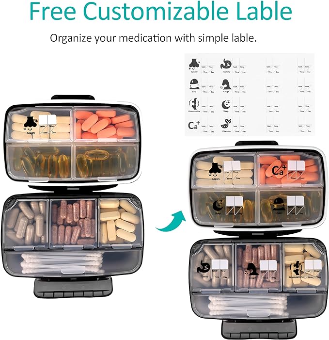 Travel Pill Organizer Large Portable Moisture Proof Vitamin Case, Fullicon Oversize 8 Compartment Pill Box, Pill Holder - Airtight & Moistureproof – Grey