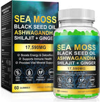 Sea Moss Gummies, SeaMoss Gummy with Black Seed Oil,Ashwagandha,Natural Ingredients Shilajit & Ginger for Men & Women, 17,590mg-60 Gummies
