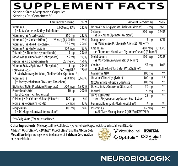 Neurobiologix Longevity Multi, Daily Multivitamin for Men & Women, Over 40 Vitamins & Minerals, NR, CoQ10 & Active B, Iron Free Vitamins for Women & Men for Energy & Wellness, 120 Capsules