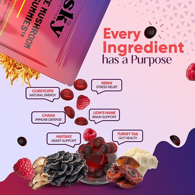 Mushroom Gummies - 10-in-1 Advanced Complex w/Lions Mane, Reishi, Cordyceps, Turkey Tail - Focus & Brain Support - Raspberry Flavored 60 Vegan Lions Mane Mushroom Gummies for Adults
