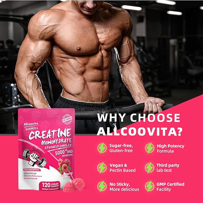 NSF Certified Creatine Gummy - Creatine Monohydrate Gummies 5000mg for Men & Women -120 Gummies Advanced Formula, Muscle Strength, Muscle Builder, Energy Boost, Pre-Workout Supplement-Raspberry