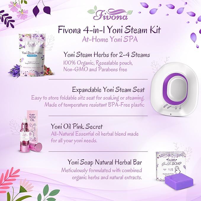 Fivona Yoni Care Kit 4 in 1 - pH Balanced Natural Yoni Oil, Herbal Bar Soap for Feminine V Wash, Detox V Stream Herbs Sunrise, Foldable Sitz Bath Steam Pot