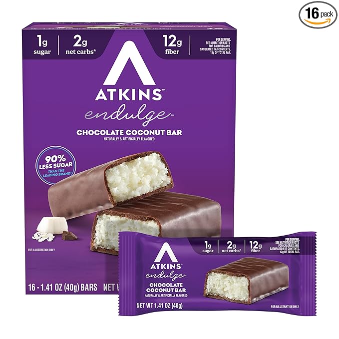 Atkins Endulge Chocolate Coconut Flavored Snack Bar, 1g Sugar, 12g Fiber, Low Sugar Snack, High Fiber Bars, Keto Friendly Treat, 16 Count