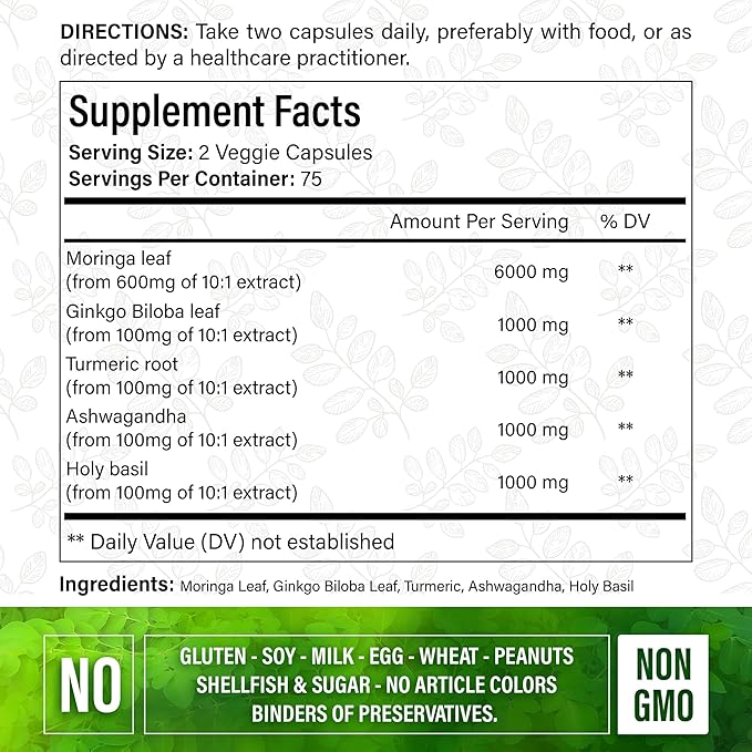 150 Veggie Moringa Premium Capsules –Moringa Leaf, Ginkgo Biloba Leaf, Turmeric Extract, Ashwagandha & Tulsi Holy Basil – 100% Natural Herbal Blend.