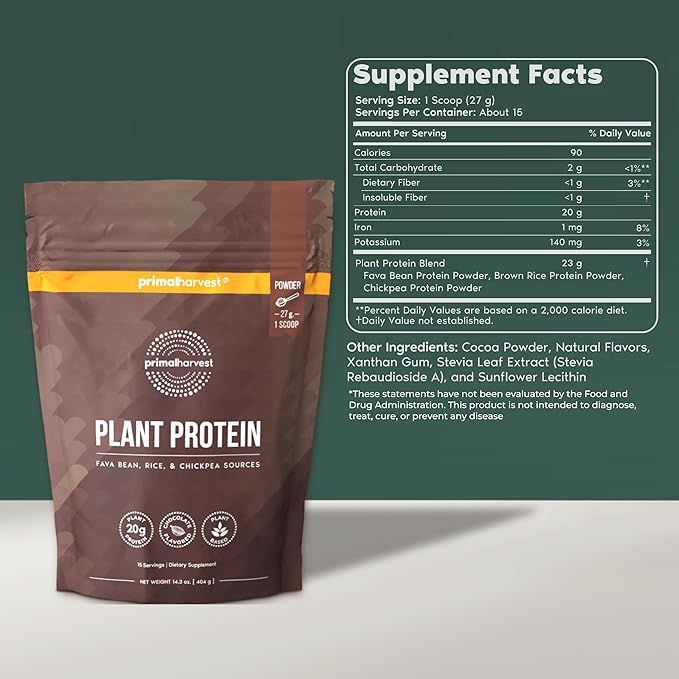 Primal Harvest Vegan Protein Powder for Nutritional Weight Support 20g Plant-Based Protein Per Serving from Fava Beans Chickpeas & Rice Chocolate Flavor 405g Gluten-Free Soy-Free No Added Sugar
