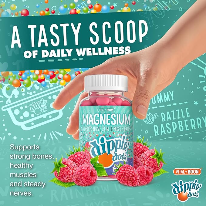 Dippin' Dots Magnesium Gummies for Women, Men & Kids – Razzle Raspberry – Magnesium Citrate Gummies with No Artificial Colors or Flavors – Vegan Friendly Calm Nerve Bone & Muscle Supplement (2 Pack)