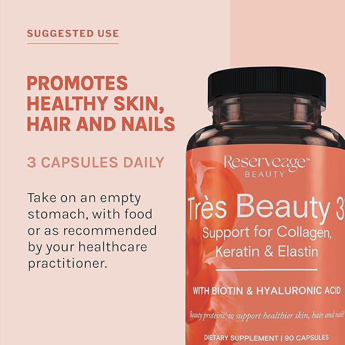 Reserveage Beauty - Tres Beauty 3 - Supplement for Hair Growth, Skin Care & Nail Care - Collagen Supplement with Keratin & Biotin - Gluten Free - 90 Capsules (30 Servings)