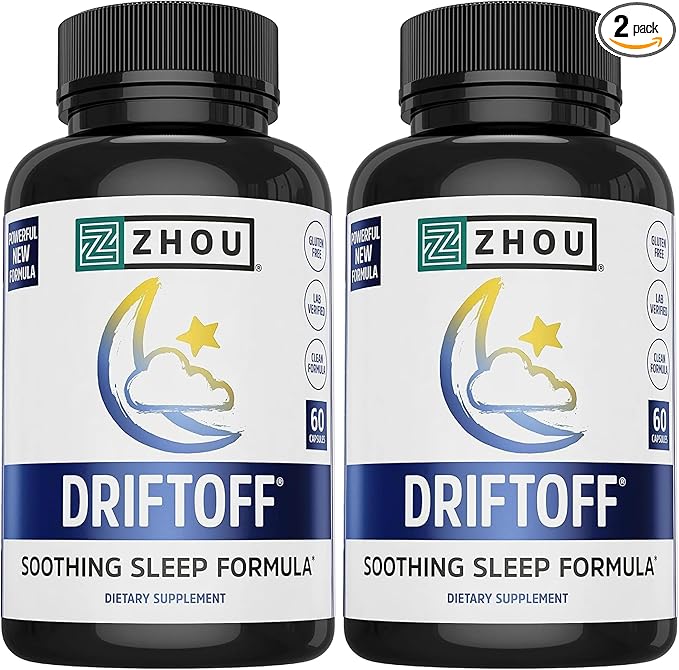 ZHOU Driftoff - Nature Inspired Sleep Aid, Valerian Root & Melatonin for Sleep for Men & Women, Calm Sleeping Supplement for Adults with GABA & Chamomile to Relax - 60 Veggie Capsules (Pack of 2)
