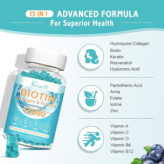 Biotin with Collagen Gummies, Hair Skin and Nails Vitamins Gummies for Hair Growth, Glowing Skin & Strong Nails - Blueberry Flavor, Sugar Free, 60 Count