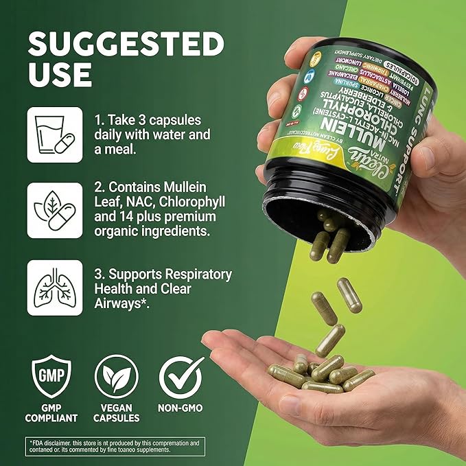 Clean Nutra Mullein Leaf Extract for Lungs Cleanse NAC Supplement Chlorophyll Chlorella Elderberry | Lung Detox for Smokers | Ginger Licorice Astragalus Oregano Turmeric Respiratory Support Capsules