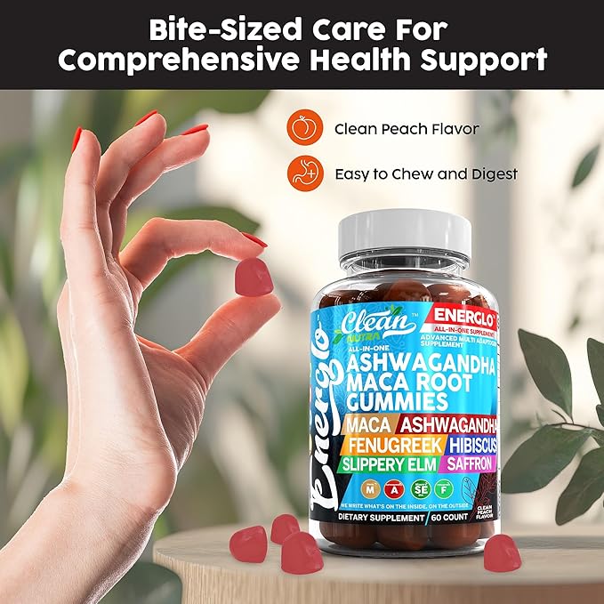 Ashwagandha Maca Root Gummies with Fenugreek Hibiscus Slippery Elm Saffron Extract & Beta Carotene | Peach Flavor Vegan Gummy Vitamins Adaptogen Cortisol Supplement Energlo by Clean Nutra (2)