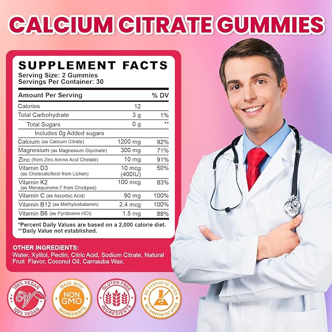 Calcium Citrate Gummies - 1200mg Calcium Gummies Supplements for Women & Men with Vitamin D3, K2, Magnesium, Zinc High Absorption for Bone, Muscle & Immune Support, Fruit Flavor, 60 Count