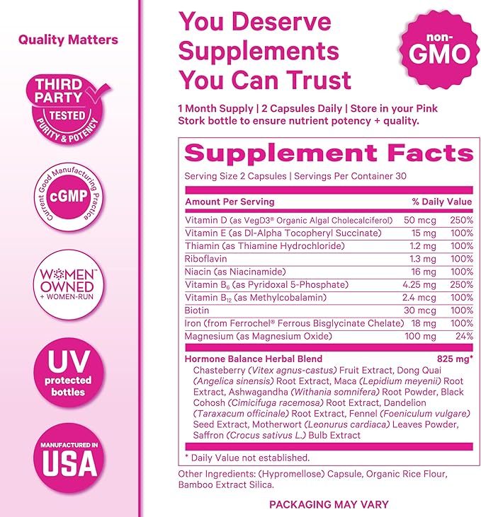 Pink Stork Hormone Balance Multivitamin for Women | 18-in-1 Vitex, Saffron, Ashwagandha, Magnesium | Mood, Energy, Cortisol, Adrenal Support | PMS, Perimenopause Support | 60 Vegan Capsules