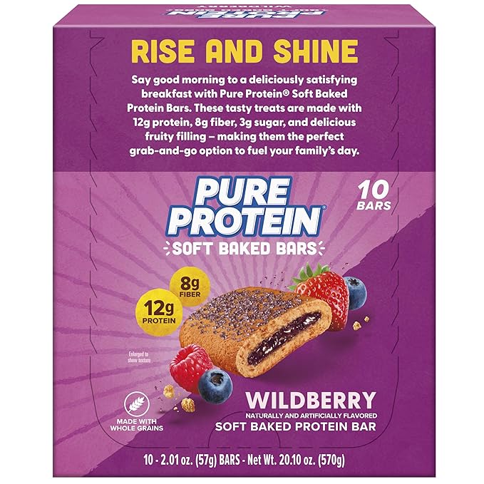 Pure Protein Wildberry Soft Baked Protein Bars – 12g Protein, 8g Fiber, Whole Grain Breakfast Bars, High Fiber, Individually Wrapped Protein Snacks for On-the-Go – 10 Count