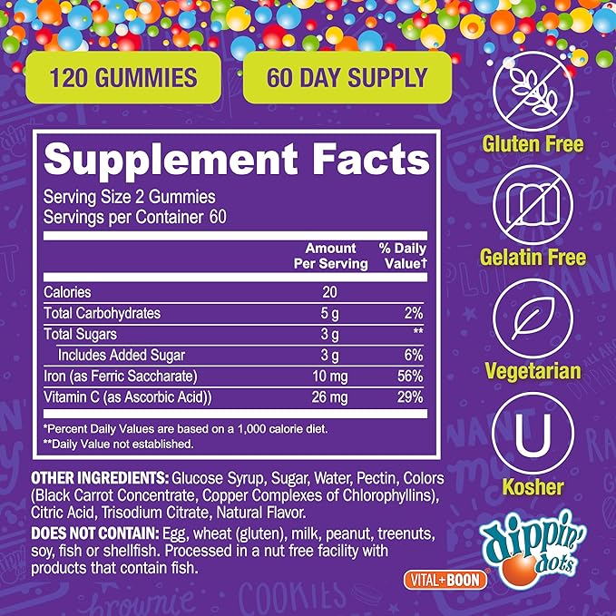 Vital+Boon - Iron with Vitamin C & B12 Gummies (120 Count) Vital for Red Blood Cell Formation | Gum Drop Grape Real Pectin Fruit Chew Supplements | Vegan, Non-GMO, Gluten Free & Gelatin Free