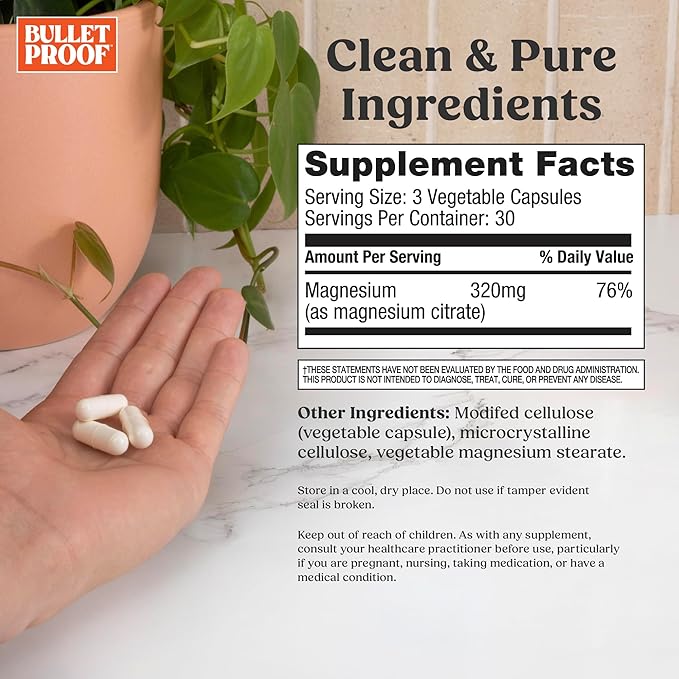 Bulletproof Magnesium Capsules, 90 Count, Supplement for Nervous System, Muscle and Bone Support