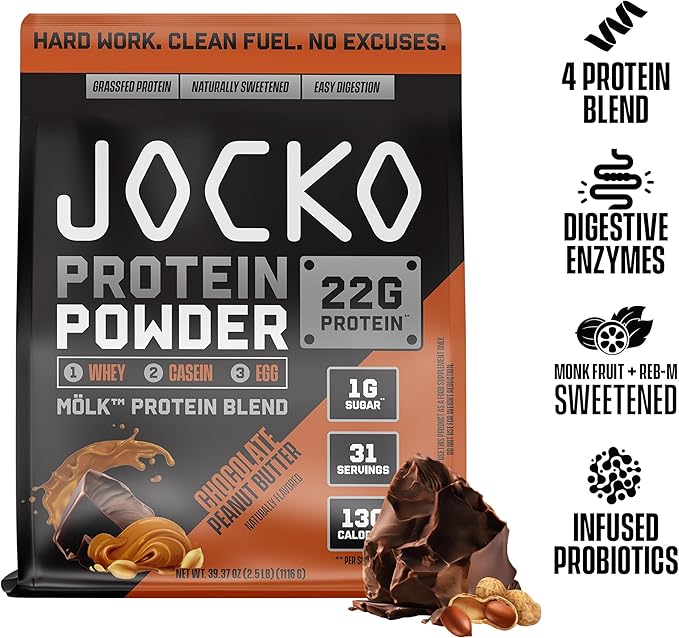 Jocko Fuel Mölk Whey Protein Powder 22g Low Sugar Monk Fruit Blend - Muscle Recovery & Growth, Packaging May Vary (25 Servings, Chocolate Peanut Butter)