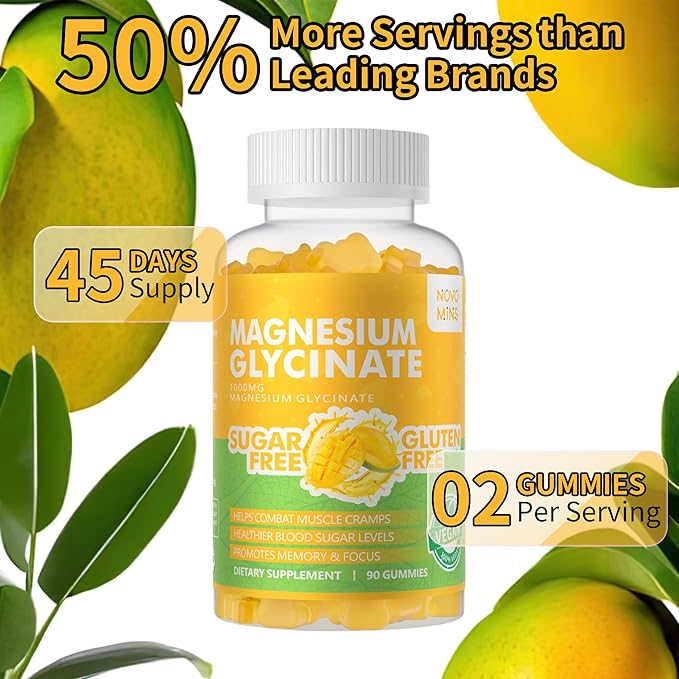 Magnesium Glycinate Gummies 1000mg - Sugar Free Magnesium Potassium Supplement with Vitamin D, B6, CoQ10 for Calm Mood & Sleep Support - 180 Mango Pineapple