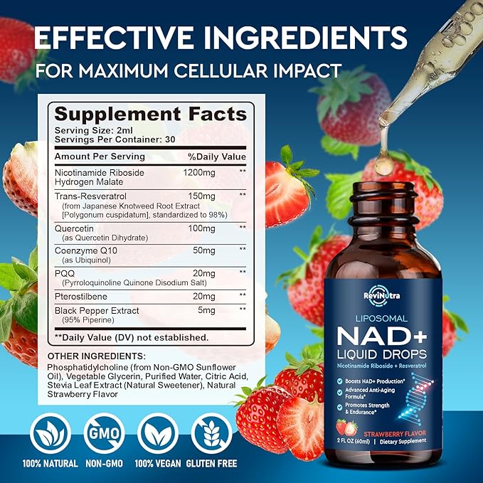 Liposomal NAD+ Liquid Supplement, Nad Resveratrol Supplement for Women & Men, Nicotinamide Riboside with PQQ, CoQ10, Quercetin for Anti-Aging, Brain, Cellular Energy Health, Strawberry Flavor, 2 Fl Oz