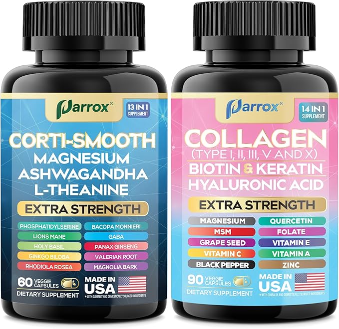 Shining Serenity Set, Cortisol Support with Ashwagandha, L-Theanine, Magnesium, Lions Mane, GABA, Bacopa Monnieri, Collagen I, II, III, V, X, Folate, Biotin, Keratin, Hyaluronic Acid (2 Pack)