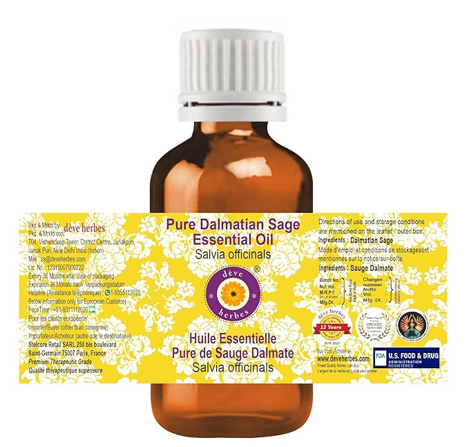 Deve Herbes Pure Dalmatian Sage Essential Oil (Salvia officinals) Steam Distilled 50ml (1.69 oz)