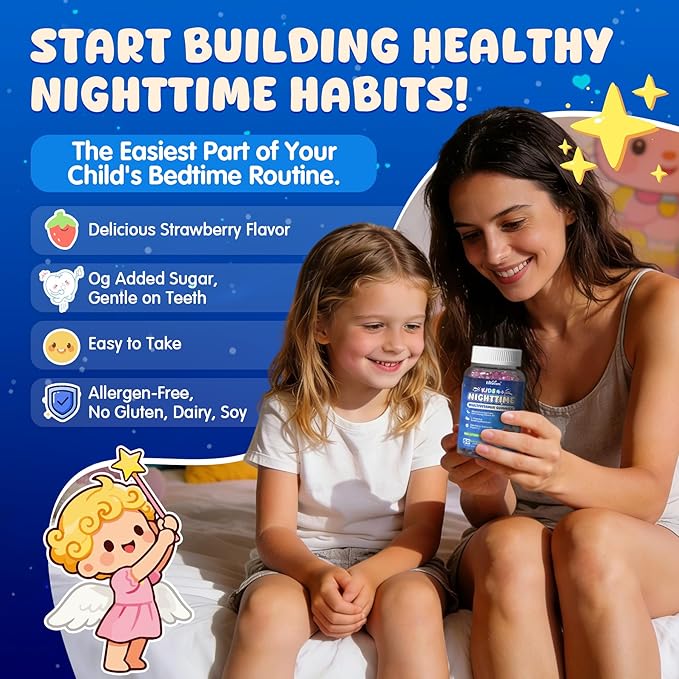 Kids 4+ Nighttime Multivitamin, Melatonin Free Sleep Aid Gummies w/Magnesium Glycinate, Saffron, L-Theanine, Calcium, Inositol, D3+K2, Zinc Supports Calm Mood, Brain, Bone & Immune, Sugar Free, 2 Pack