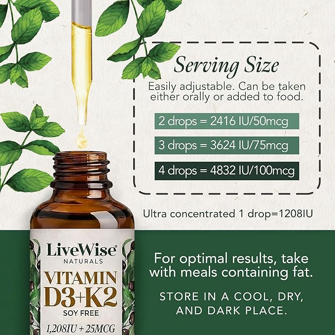 Live Wise Naturals Vitamin D3 K2 Drops for Adults - 930 Drops, Ultra Concentrated Formulation, Fast Absorption 1208 IU Vitamin D3, 25 MCG (MK-7) - Micro-Dosing Dropper for Calcium & Bone Support
