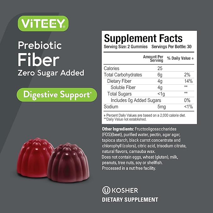 Viteey Prebiotic Fiber Gummies for Adults, 4g - Gut Health & Digestive Soluble Fiber Supplement Gummies - Zero Sugar Added, Vegan, Gluten-Free - 60 Count