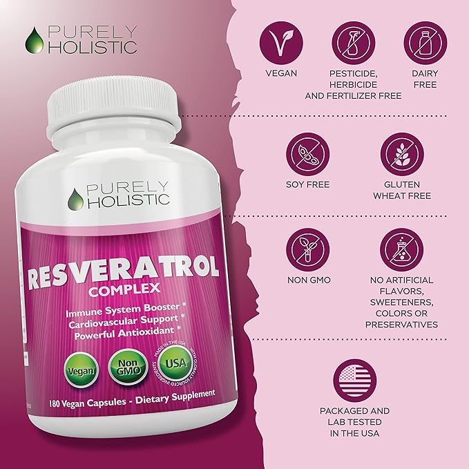 Purely Holistic Resveratrol 1450mg, 90 Servings, Trans-Resveratrol Antioxidant Supplement with Vitamin C and Polyphenol Complex, 180 Vegan Capsules