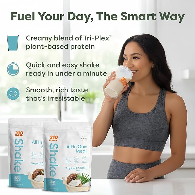 310 Nutrition All-In-One Meal Replacement Shake Powder - Plant-Based Protein Smoothie Blend w/High Fiber, Probiotics & Adaptogens - Low Carb, Vegan, Keto & Paleo Friendly - Tropical Coconut - 14 Srv