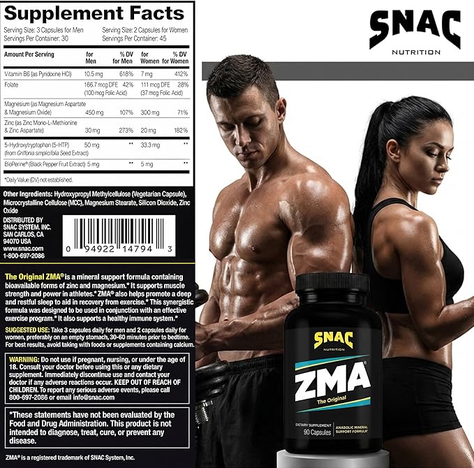 SNAC ZMA The Original Sleep & Recovery Supplement - Supports Muscle Recovery, Restful Sleep, Relaxation, Stress Relief and Immune Support with Magnesium, Zinc & Vitamin B6, 90 Veggie Capsules, 2 Pack