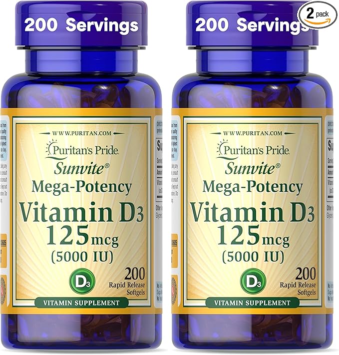 Puritan's Pride Vitamin D3 5,000 IU Bolsters Immunity for Immune System Support and Healthy Bones and Teeth Softgels, Packaging May Vary, Unflavored, 200 Count (Pack of 2)