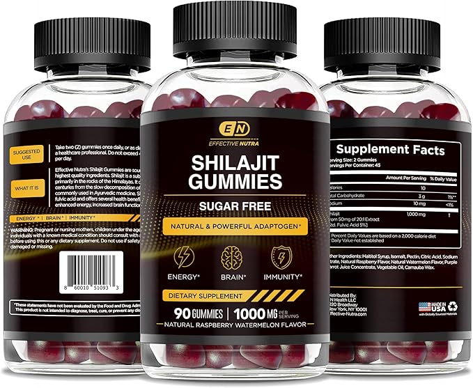 Effective Nutra Shilajit Gummies 1000mg | Pure Shilajit Resin for Energy, Brain & Immunity | Supplement for Men & Women | Sugar-Free, Vegan, Gluten-Free | Natural Berry Flavor, Made in USA (90ct)