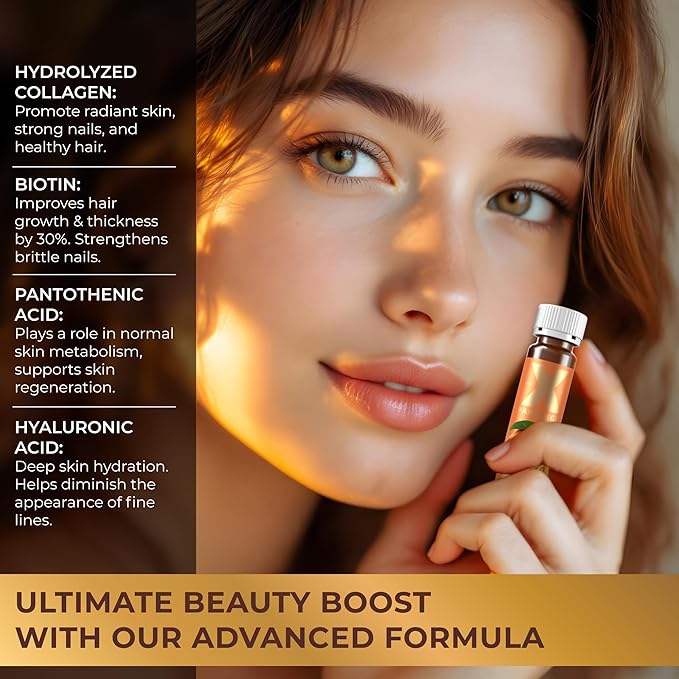 Liquid Collagen Peptides with Biotin & Hyaluronic Acid - 3000mg Hydrolyzed Collagen Type 1 and 3, Biotin 10000mcg, Vitamins B5, B6, C & E - Liquid Collagen for Women and Men, Collagen Shots