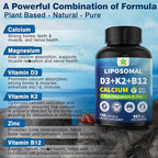 6-in-1 Plant Based Calcium Supplements for Women Men- Calcium 600mg w/ D3 K2 5000 IU Vitamin, Liposomal & Algae Ca-lcium Magnesium Zinc + Vegan Vitamin D 5000 IU + K2 MK7 + Methyl B12 for Bone, 1 Pack
