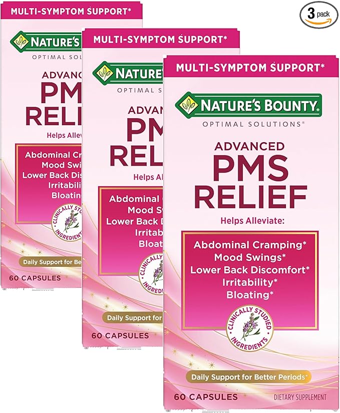 Nature's Bounty Optimal Solutions Advanced PMS Relief for Menstrual Cycle Support, PMS Support Supplement for Women, Bloating Relief – Chasteberry, Hormone-Free, 60 Vegetarian Capsules (Pack of 3)