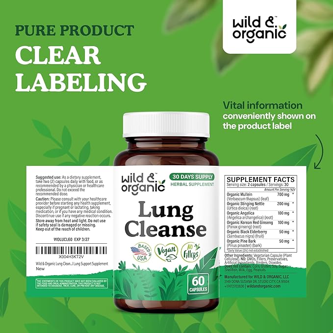Wild & Organic Lung Cleanse Capsules - Lung Support Supplement with Mullein Leaf, Stinging Nettle, Angelica & Korean Panax Ginseng Powder - Vegan, No Fillers, Non-GMO - 60 Count