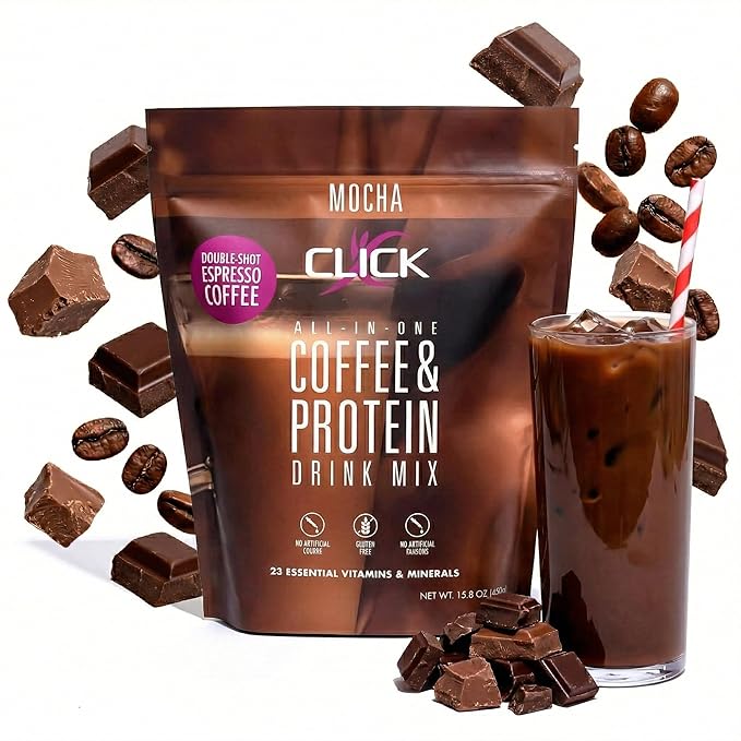 Click Coffee Protein, Protein & Real Coffee All-in-One, Meal Replacement Nutrition Drink, Mocha Flavor, 23 Essential Vitamins, Double Shot Espresso Coffee, Hot or Cold, 15.8-Ounce