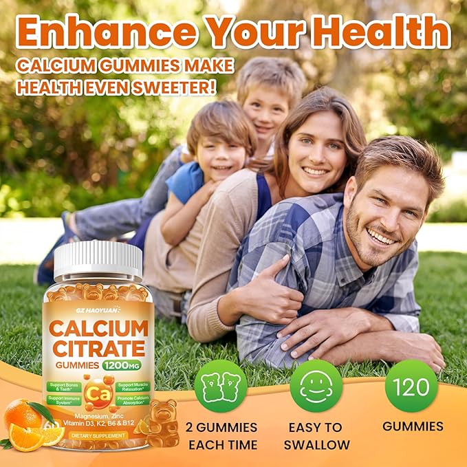 Calcium Citrate Gummies - 1200mg Calcium Gummies Supplements for Women & Men with Vitamin D3, K2, Magnesium, Zinc High Absorption for Bone, Muscle & Immune Support, Orange Flavor, 120 Count