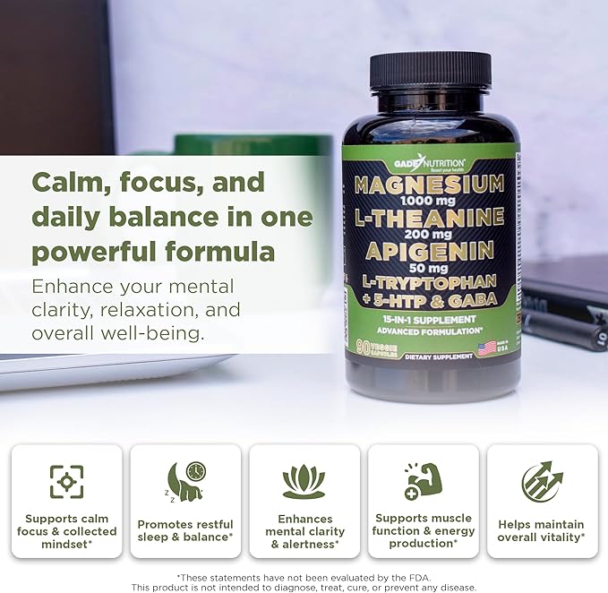 Gade Nutrition Magnesium Glycinate & Magneisum Supplements with Apigenin, L Theanine 200 mg, 5 HTP, GABA Calm Brain Booster Supplement Sleep Aid Ashwagandha L Tryptophan Chamomile
