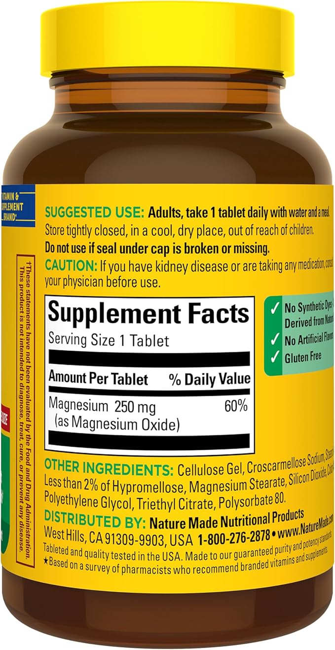 Nature Made Magnesium Oxide 250 mg, Magnesium Supplements for Men and Women, Support for Muscle, Heart, Bone and Nerve Health, 200 Tablets, 200 Day Supply
