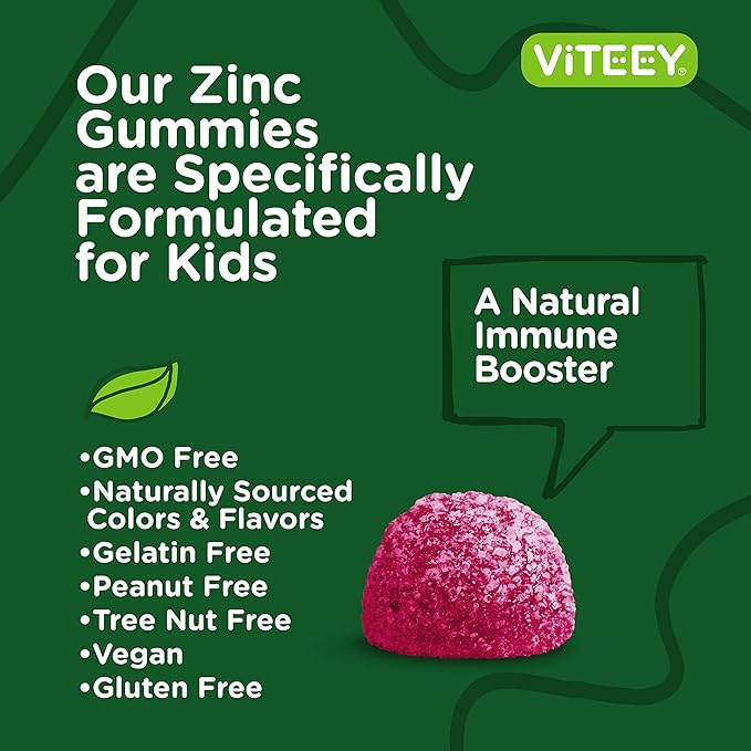 Viteey Zinc for Kids Gummies, 25mg - Immune Support for Kids & Teens - Powerful Natural Antioxidant, Kids Zinc Vitamin Supplement - Vegan, Gelatin Free, Gluten Free - Tasty Chewable Berry Flavor Gummy